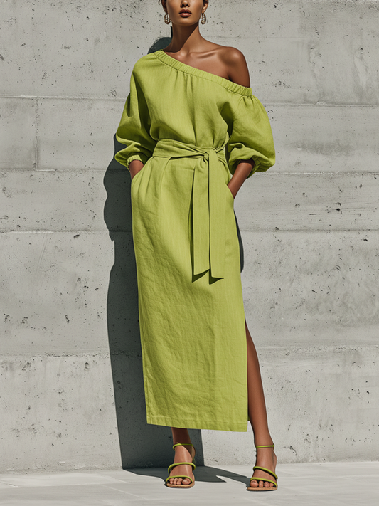 Vestido midi verde lima con hombros descubiertos y manga abullonada