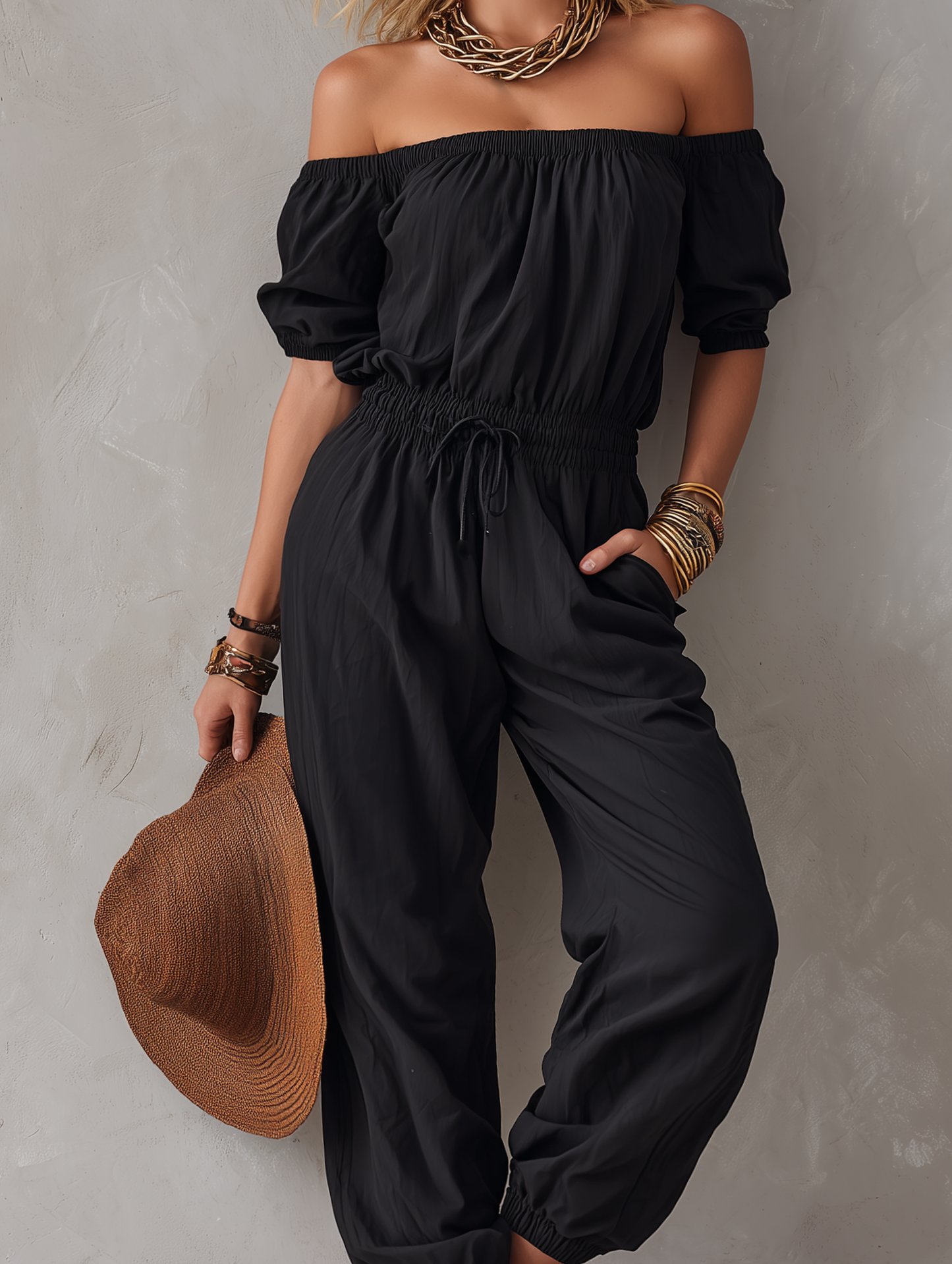 Casual Negro Woven Hombros descubiertos Sin mangas Mono