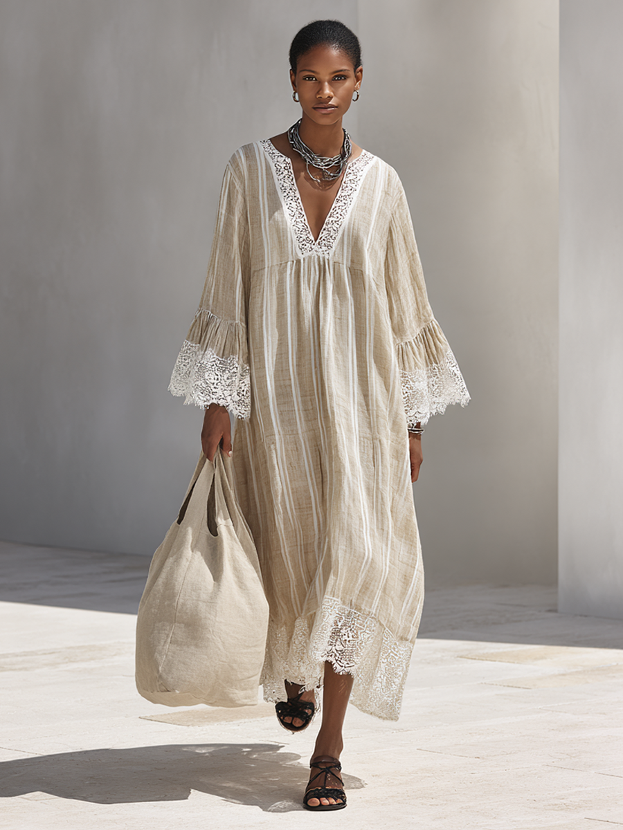 Minimalista Beige Vertical-Stripe Chalecoido maxi With Blanco Encaje Trim And Acampanado Manga largas