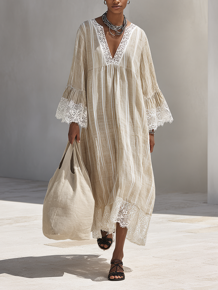 Minimalista Beige Vertical-Stripe Chalecoido maxi With Blanco Encaje Trim And Acampanado Manga largas