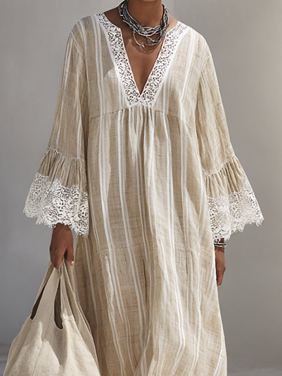 Minimalista Beige Vertical-Stripe Chalecoido maxi With Blanco Encaje Trim And Acampanado Manga largas
