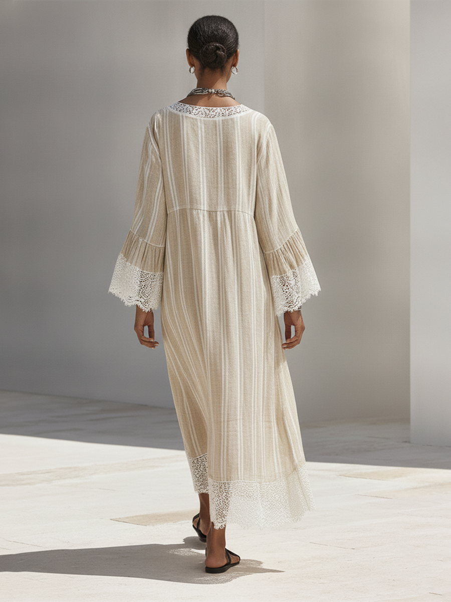 Minimalista Beige Vertical-Stripe Chalecoido maxi With Blanco Encaje Trim And Acampanado Manga largas