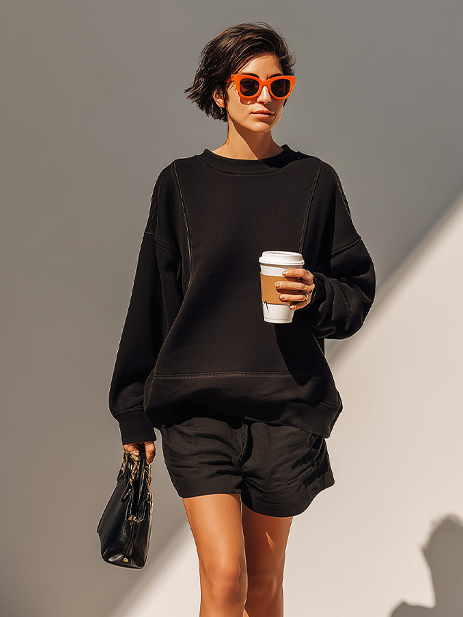 Solid Negro Cotton Fabric Co-Ord With Manga larga Holgado Sweat Top & Relaxed Fit Casual Shorts, Modern Effortless-Chic Daily Athleisure Outfit