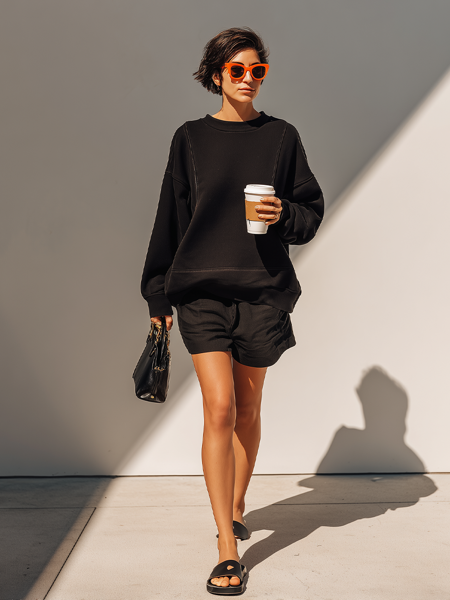 Solid Negro Cotton Fabric Co-Ord With Manga larga Holgado Sweat Top & Relaxed Fit Casual Shorts, Modern Effortless-Chic Daily Athleisure Outfit