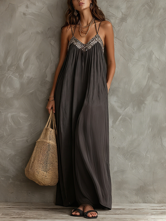 Casual Dark Gris Woven Escote en V Chalecoido maxi Featuring Sequined Camisole-style Splicing