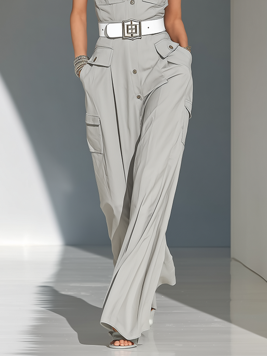 Light Gris Woven Cargo Mono With Cutout Shoulder Flap Pockets & Cuello mao Button Front ( Without Belt)
