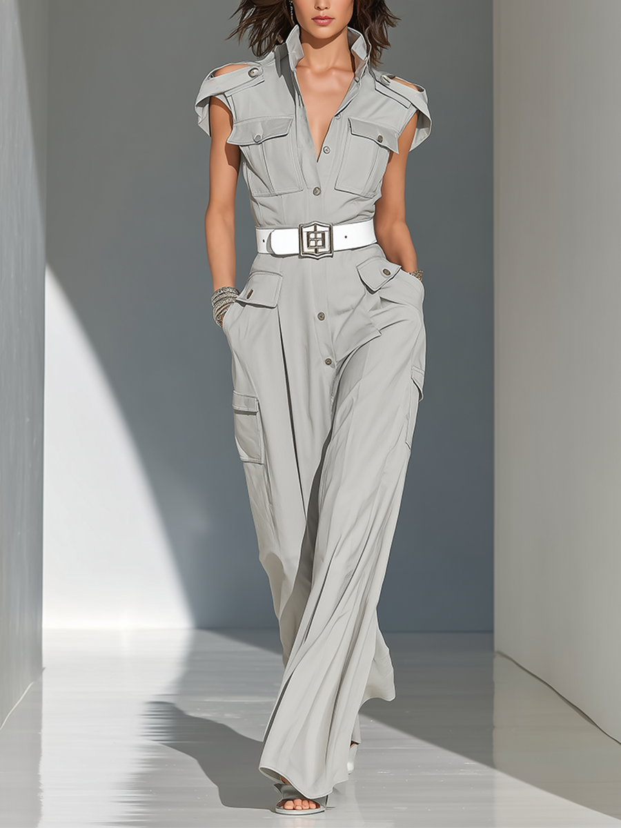 Light Gris Woven Cargo Mono With Cutout Shoulder Flap Pockets & Cuello mao Button Front ( Without Belt)