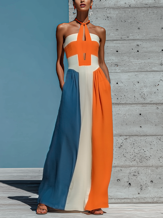 Vestido maxi de bloques de color naranja, blanco y azul con escote halter