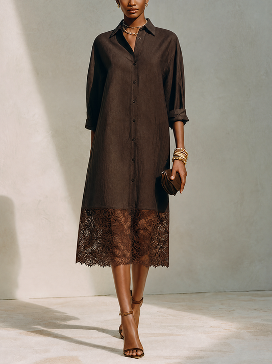 Vestido camisero midi marrón con panel de encaje