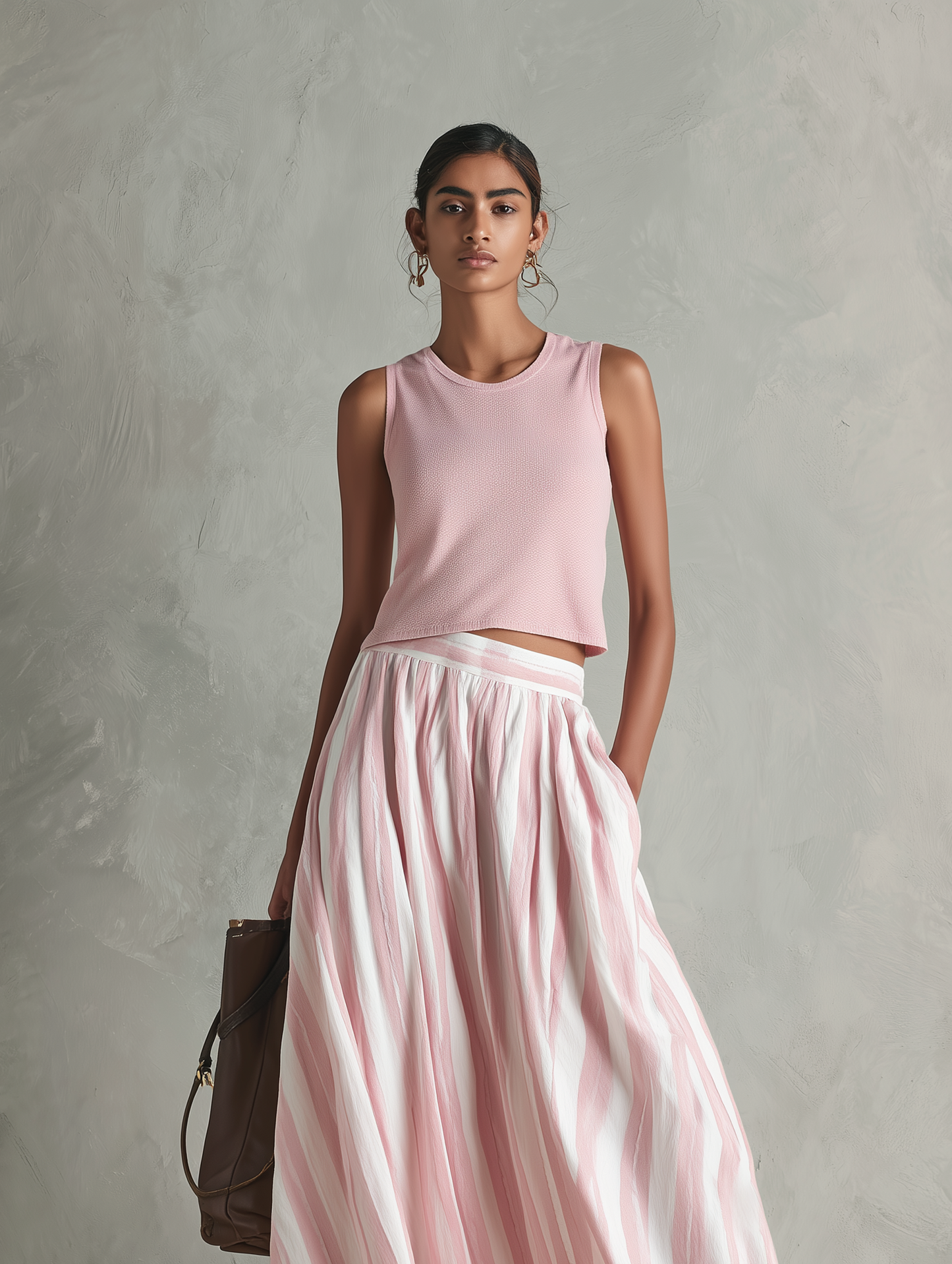 Casual Rosa Elástico-punto Sin mangas Round-neck Top Paired With A Woven Rosa Printed Maxi Falda