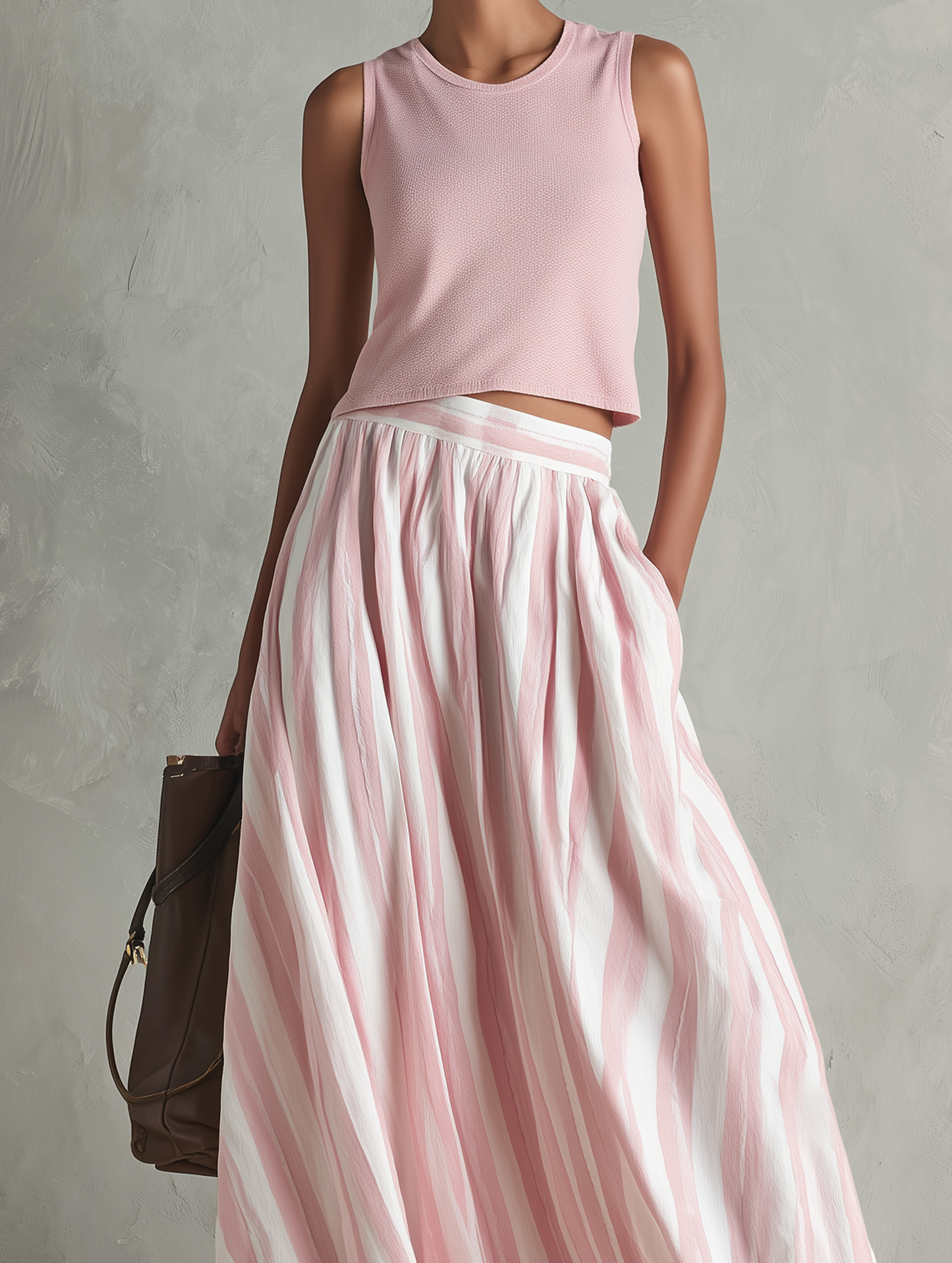 Casual Rosa Elástico-punto Sin mangas Round-neck Top Paired With A Woven Rosa Printed Maxi Falda