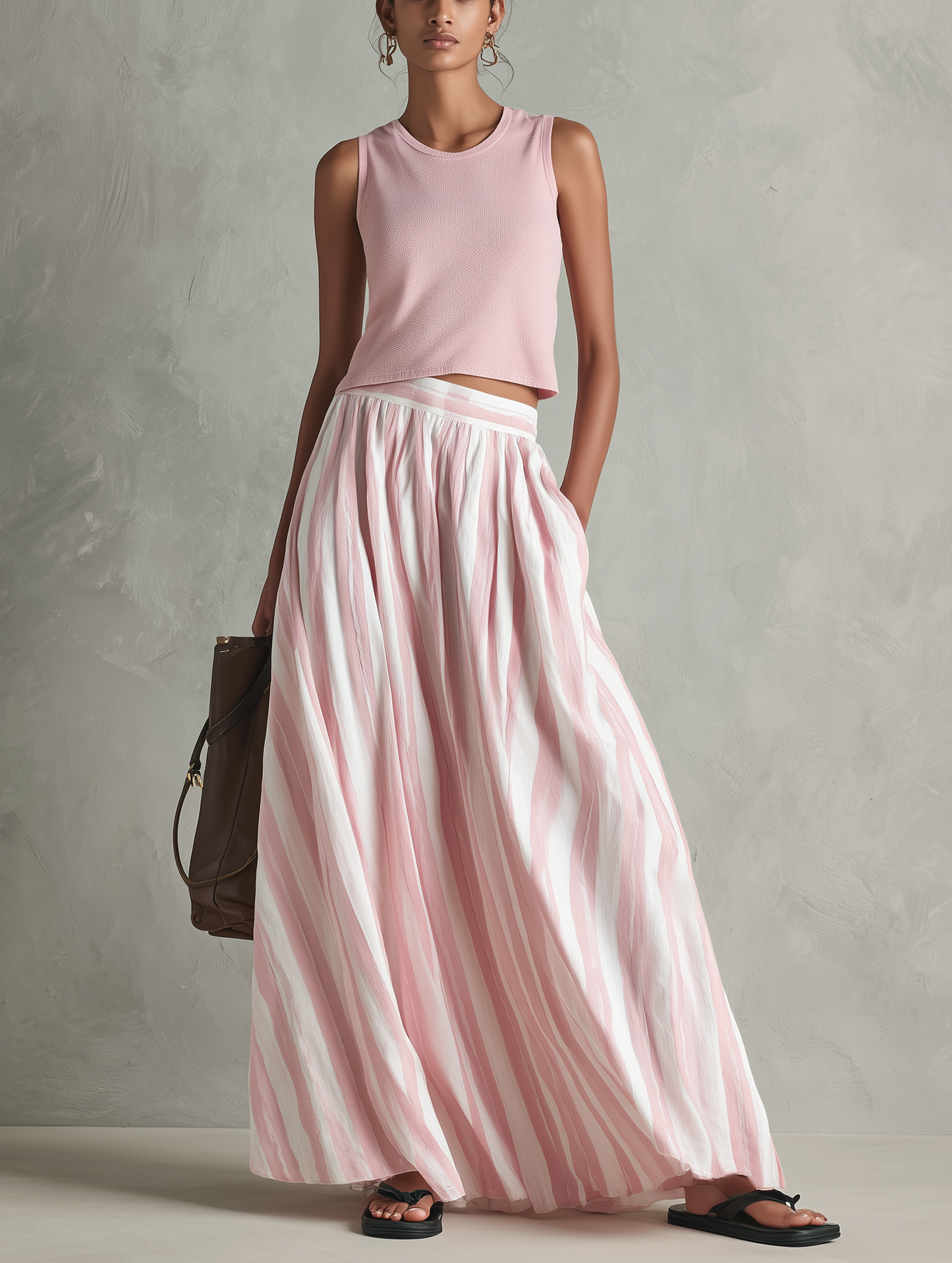 Casual Rosa Elástico-punto Sin mangas Round-neck Top Paired With A Woven Rosa Printed Maxi Falda