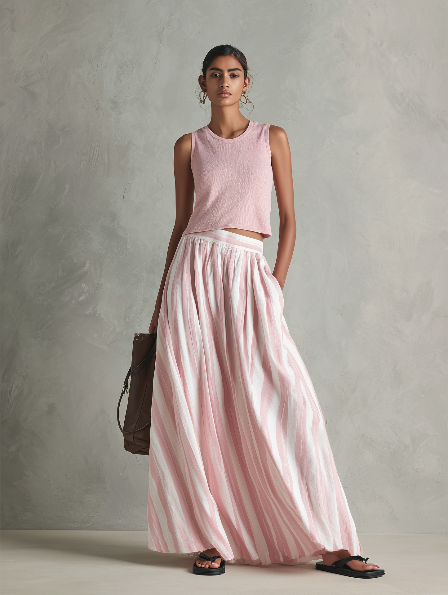 Casual Rosa Elástico-punto Sin mangas Round-neck Top Paired With A Woven Rosa Printed Maxi Falda