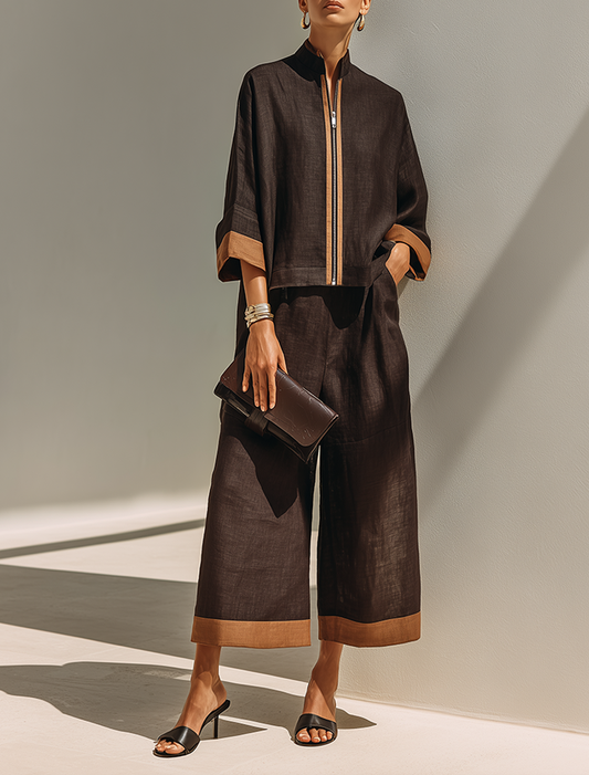 Conjunto marrón oscuro de lino: top corto y pantalón ancho