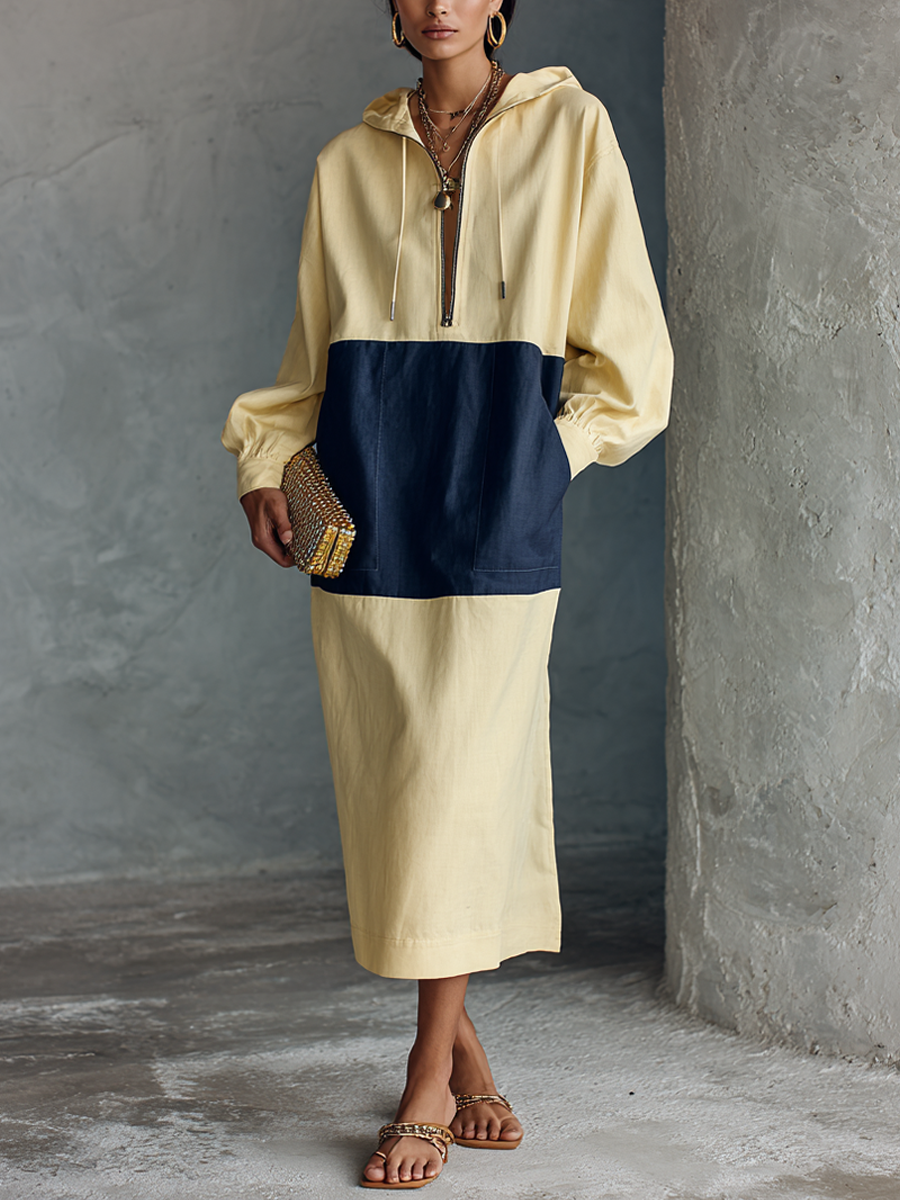 Minimal Casual Pale Amarillo Spliced Navy Cotton Blend Half con cremallera con capucha Manga larga Chalecoido midi