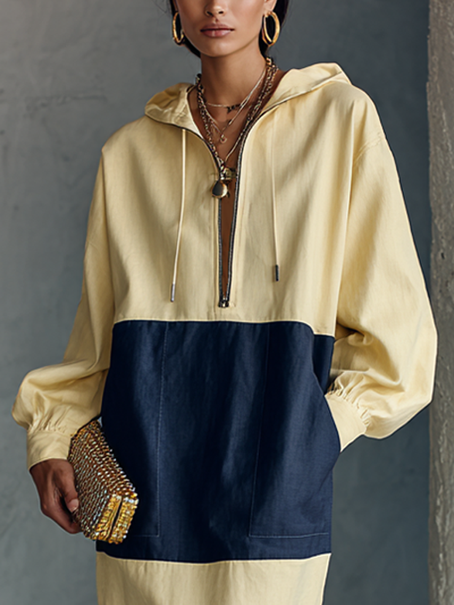 Minimal Casual Pale Amarillo Spliced Navy Cotton Blend Half con cremallera con capucha Manga larga Chalecoido midi
