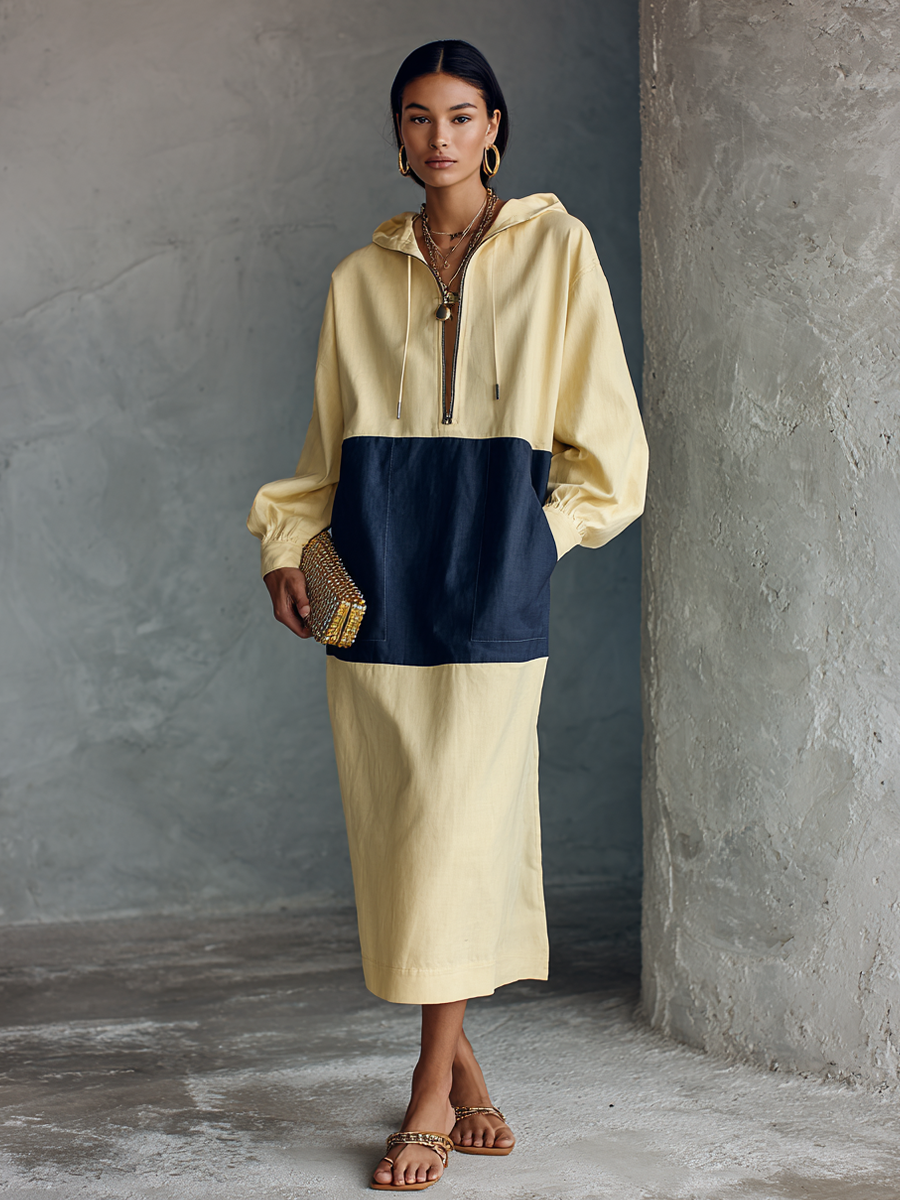 Minimal Casual Pale Amarillo Spliced Navy Cotton Blend Half con cremallera con capucha Manga larga Chalecoido midi