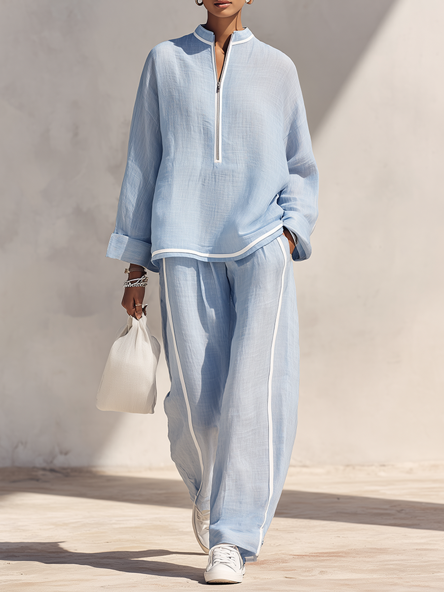 Light‑Azul Linen Fabric Stand‑Collar Half‑con cremallera Oversize Top & Wide‑Leg Pantalón Conjunto