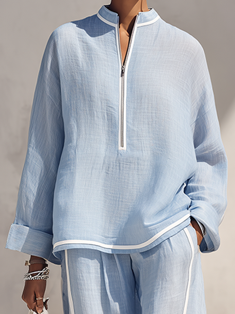 Light‑Azul Linen Fabric Stand‑Collar Half‑con cremallera Oversize Top & Wide‑Leg Pantalón Conjunto