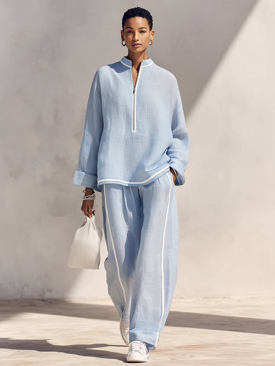 Light‑Azul Linen Fabric Stand‑Collar Half‑con cremallera Oversize Top & Wide‑Leg Pantalón Conjunto