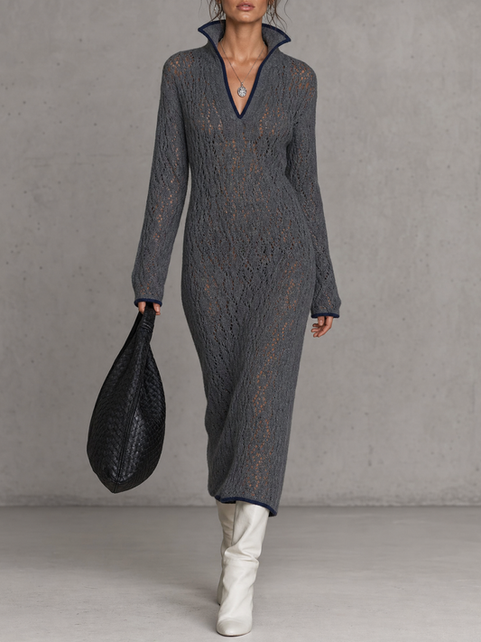 Vestido midi de punto calado con escote en V