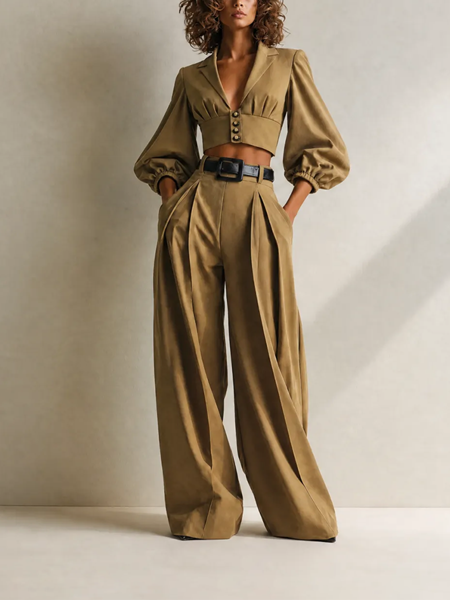 Elegante Casual Dark Caqui Peak-Lapel Blouson-Sleeve Button-Front Cropped Chaqueta & Cintura altaed Pierna ancha Trouser Conjunto