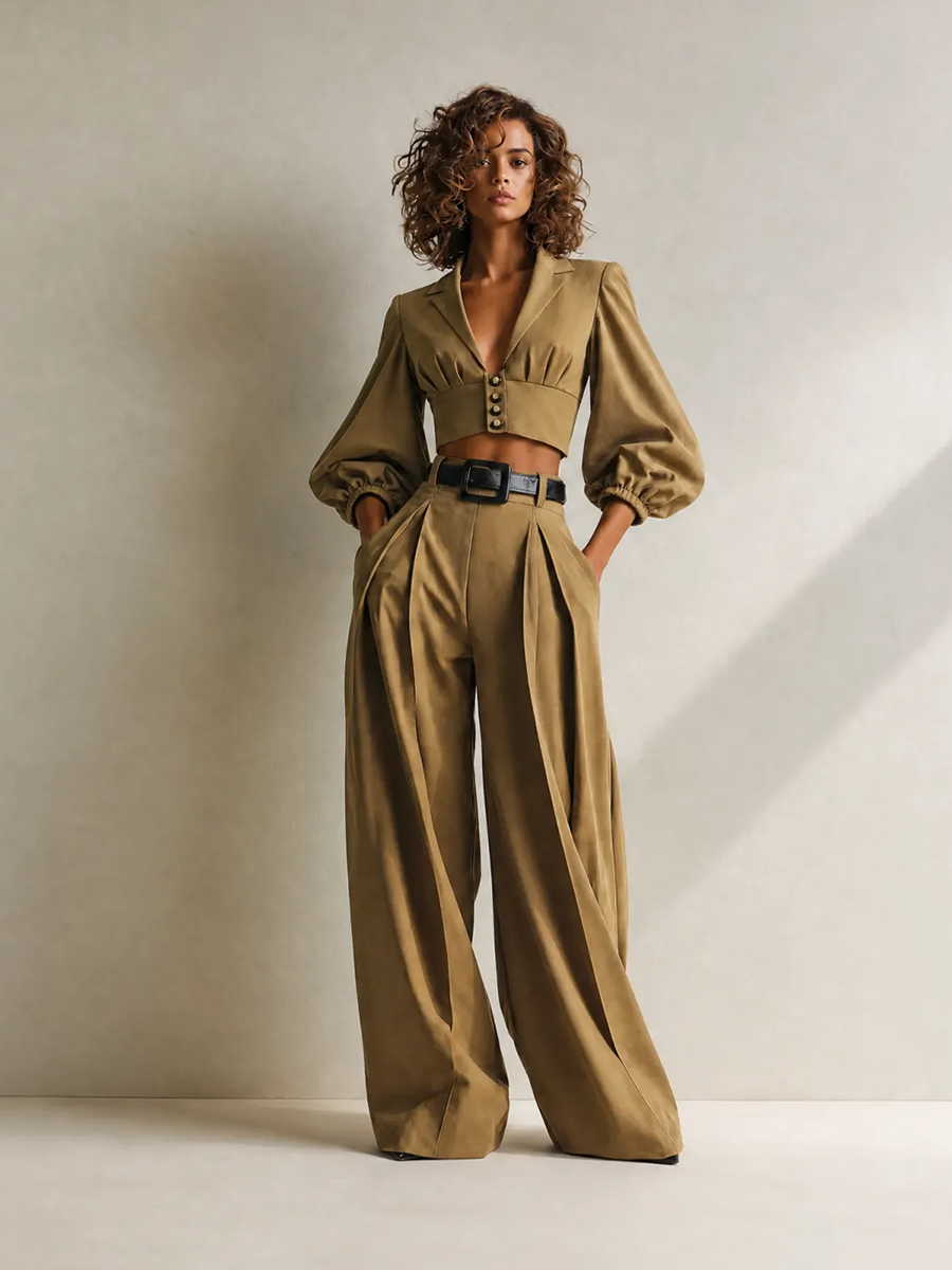Elegante Casual Dark Caqui Peak-Lapel Blouson-Sleeve Button-Front Cropped Chaqueta & Cintura altaed Pierna ancha Trouser Conjunto