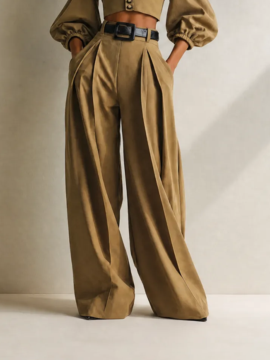 Elegante Casual Dark Caqui Peak-Lapel Blouson-Sleeve Button-Front Cropped Chaqueta & Cintura altaed Pierna ancha Trouser Conjunto