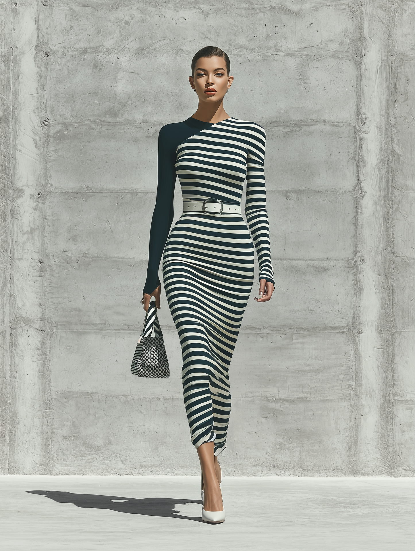 Negro And Blanco Horizontal Stripe Color Block Asymmetric Neck Manga larga Bodycon Chalecoido midi (Without Belt)