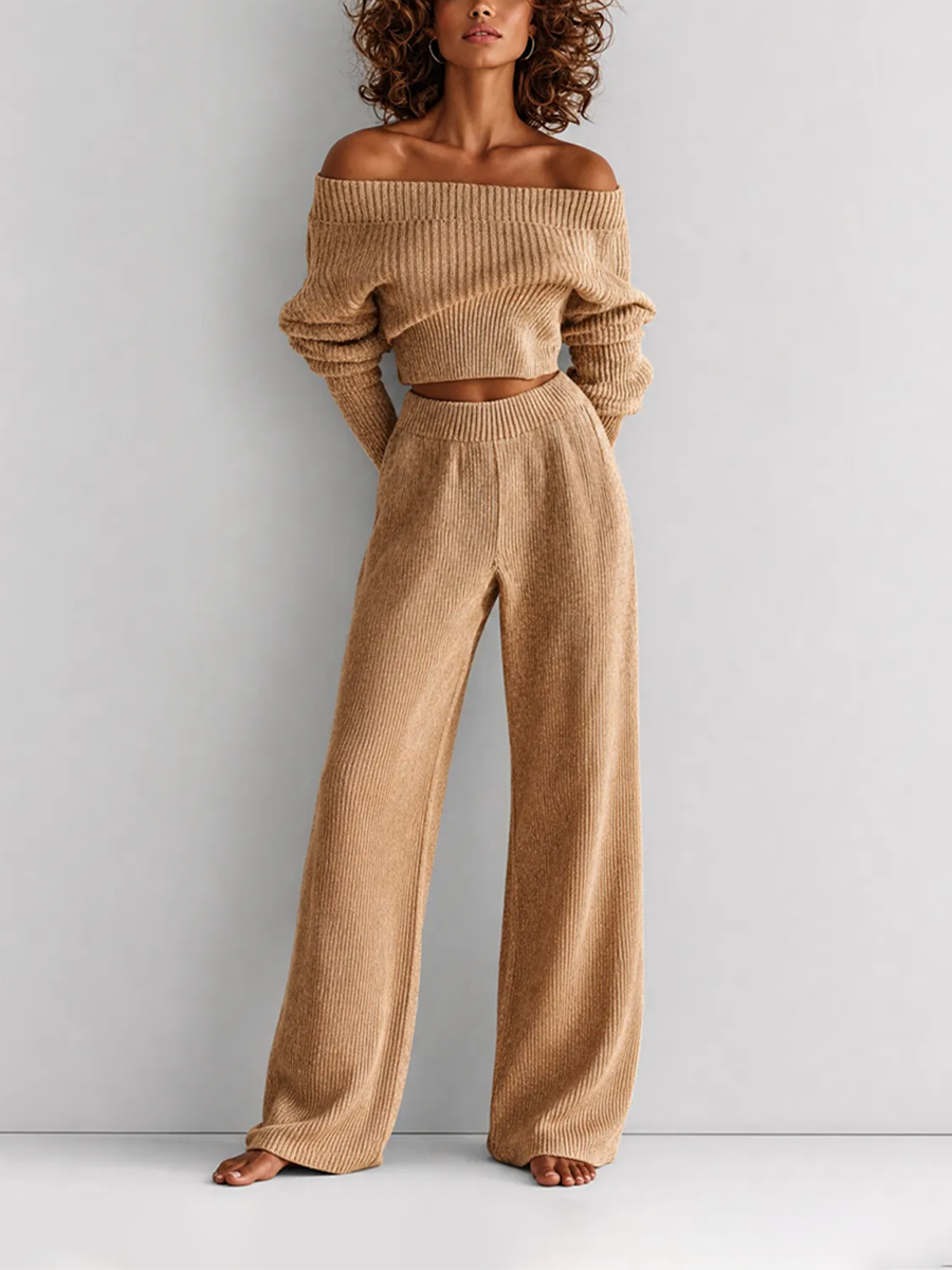 Elegante Casual Camel Wool-Knit Hombros descubiertos Manga larga Cropped Top & Cintura altaed Pierna ancha Trouser Conjunto