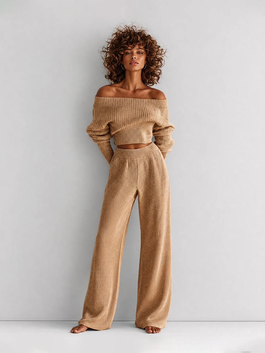 Elegante Casual Camel Wool-Knit Hombros descubiertos Manga larga Cropped Top & Cintura altaed Pierna ancha Trouser Conjunto
