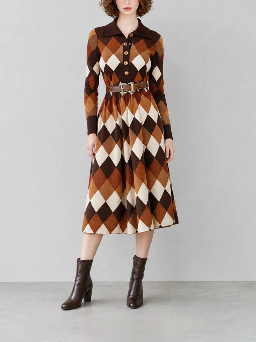 Elegante Vintage Marrón Argyle-Jacquard Polo-Collar Manga larga con cinturón Knit Chalecoido midi
