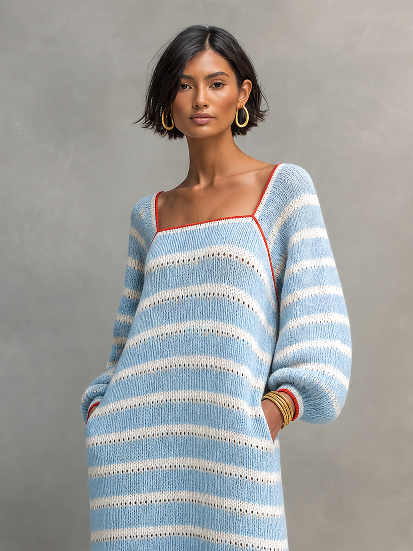 Minimalista Striped Square-Neck Manga larga Maxi Jersey Dress