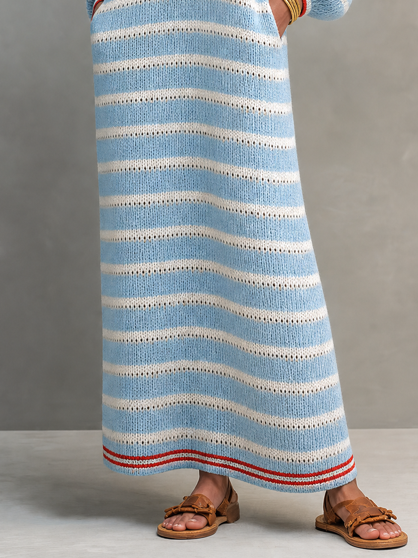 Minimalista Striped Square-Neck Manga larga Maxi Jersey Dress