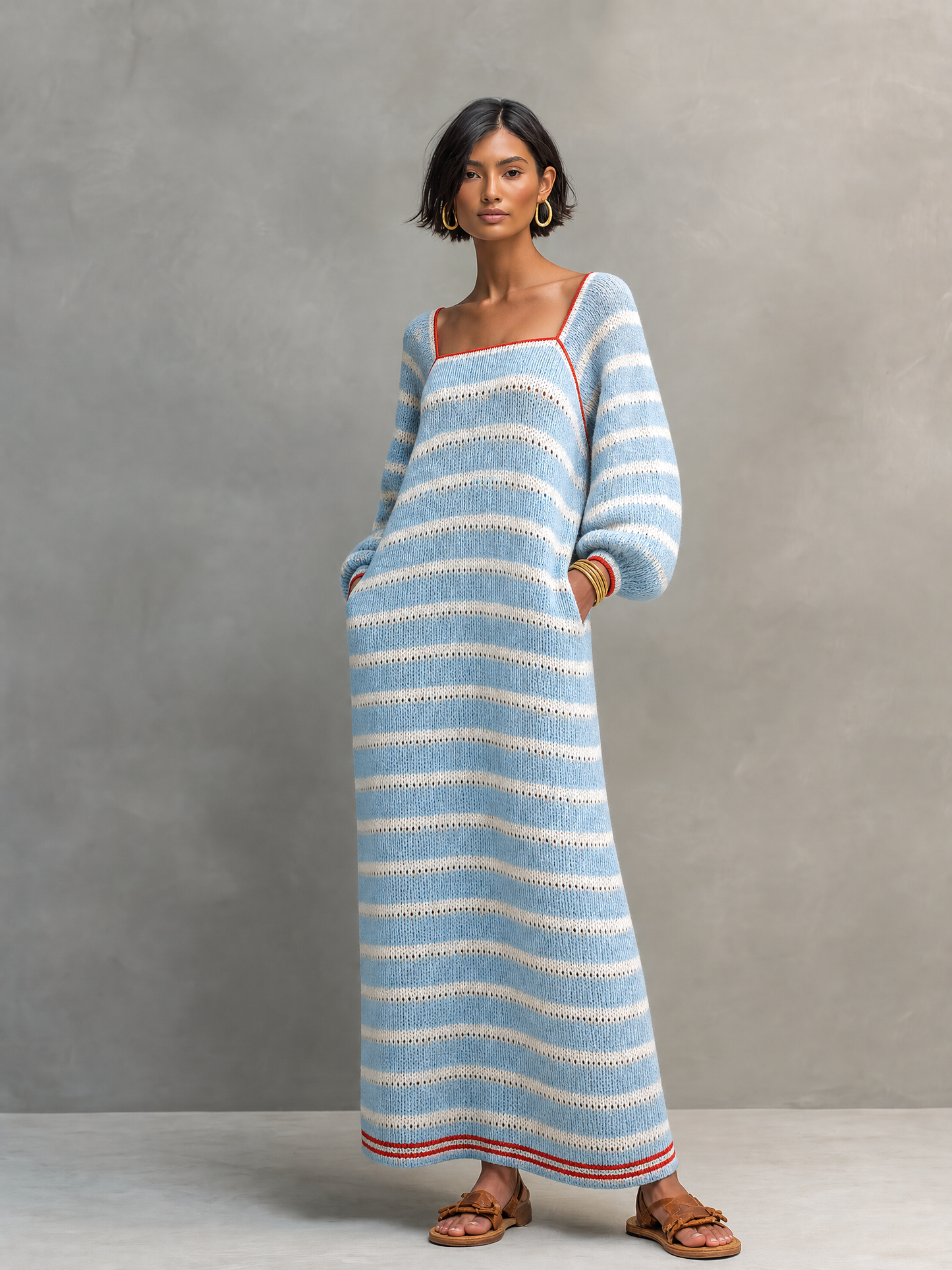 Minimalista Striped Square-Neck Manga larga Maxi Jersey Dress