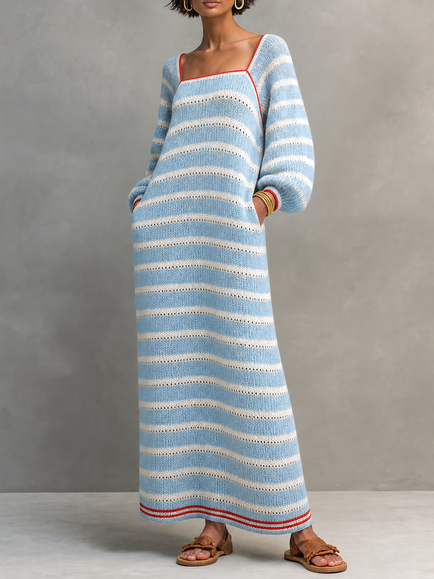 Minimalista Striped Square-Neck Manga larga Maxi Jersey Dress