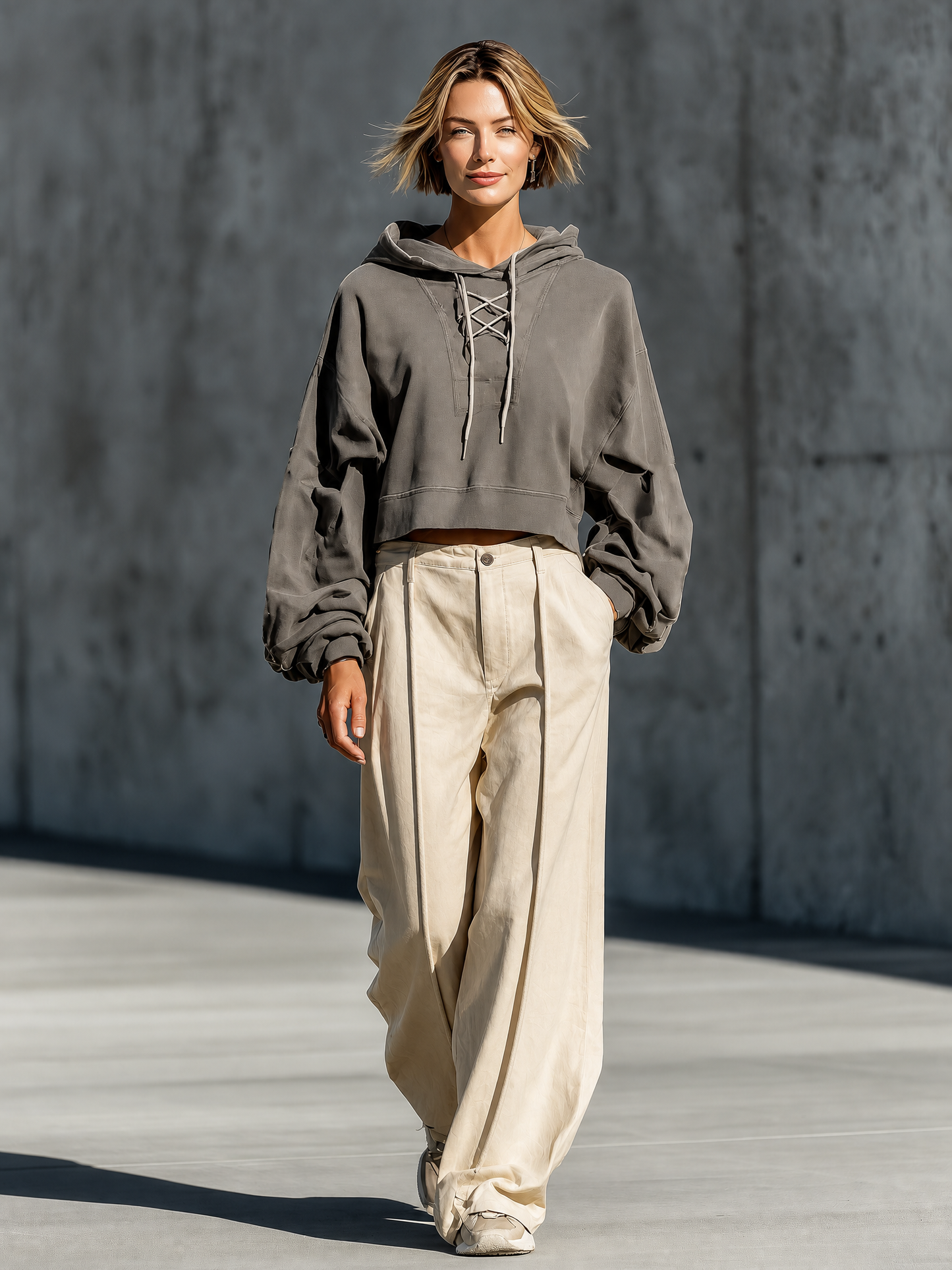 Vintage Gris Crisscross Encaje Up Cropped Hoodie Oversize Manga larga Top Crema Front Seam Pierna ancha Trouser Matching Conjunto