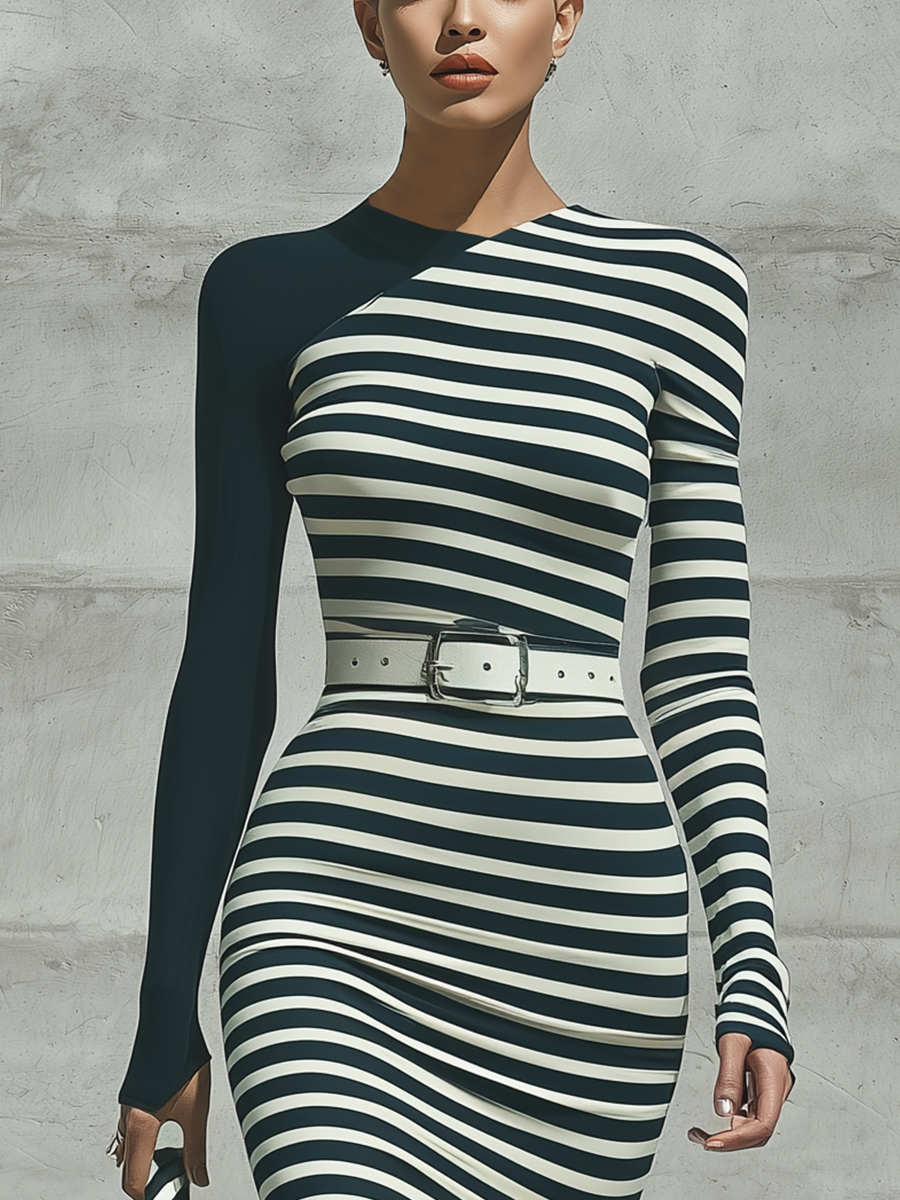 Negro And Blanco Horizontal Stripe Color Block Asymmetric Neck Manga larga Bodycon Chalecoido midi (Without Belt)