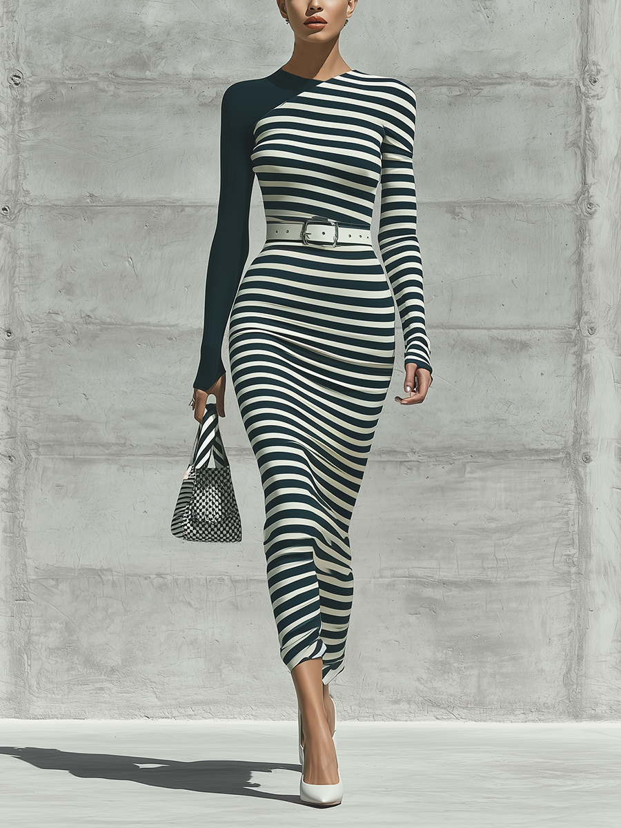 Negro And Blanco Horizontal Stripe Color Block Asymmetric Neck Manga larga Bodycon Chalecoido midi (Without Belt)