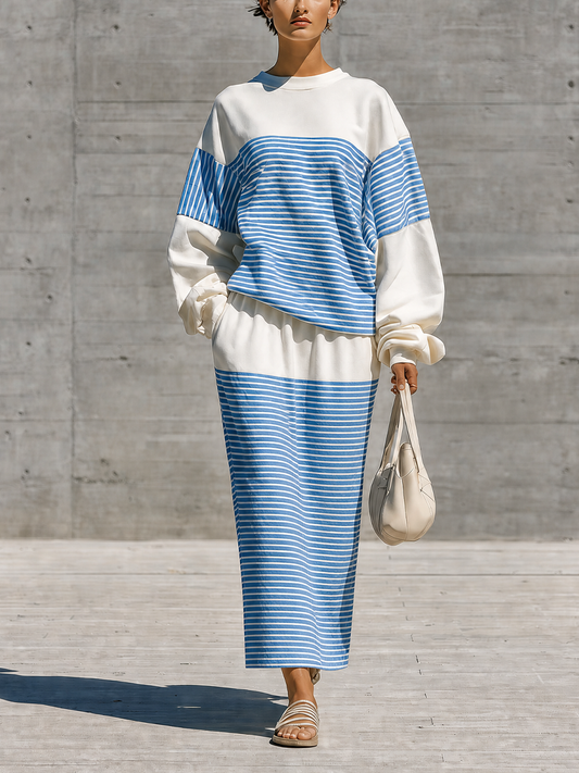Conjunto de rayas blanco y azul: top oversize y falda midi