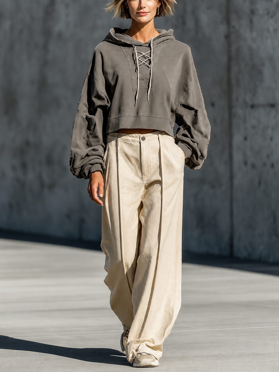 Vintage Gris Crisscross Encaje Up Cropped Hoodie Oversize Manga larga Top Crema Front Seam Pierna ancha Trouser Matching Conjunto
