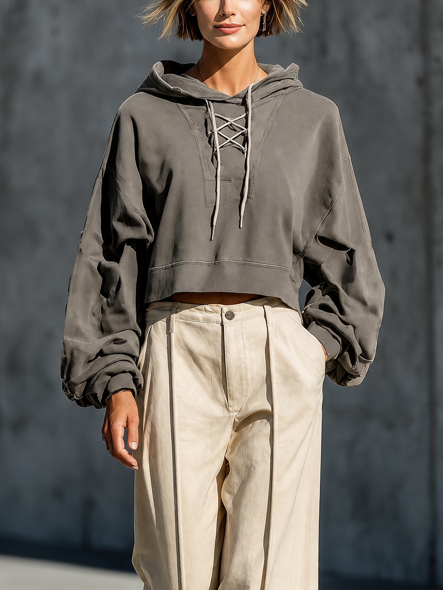 Vintage Gris Crisscross Encaje Up Cropped Hoodie Oversize Manga larga Top Crema Front Seam Pierna ancha Trouser Matching Conjunto