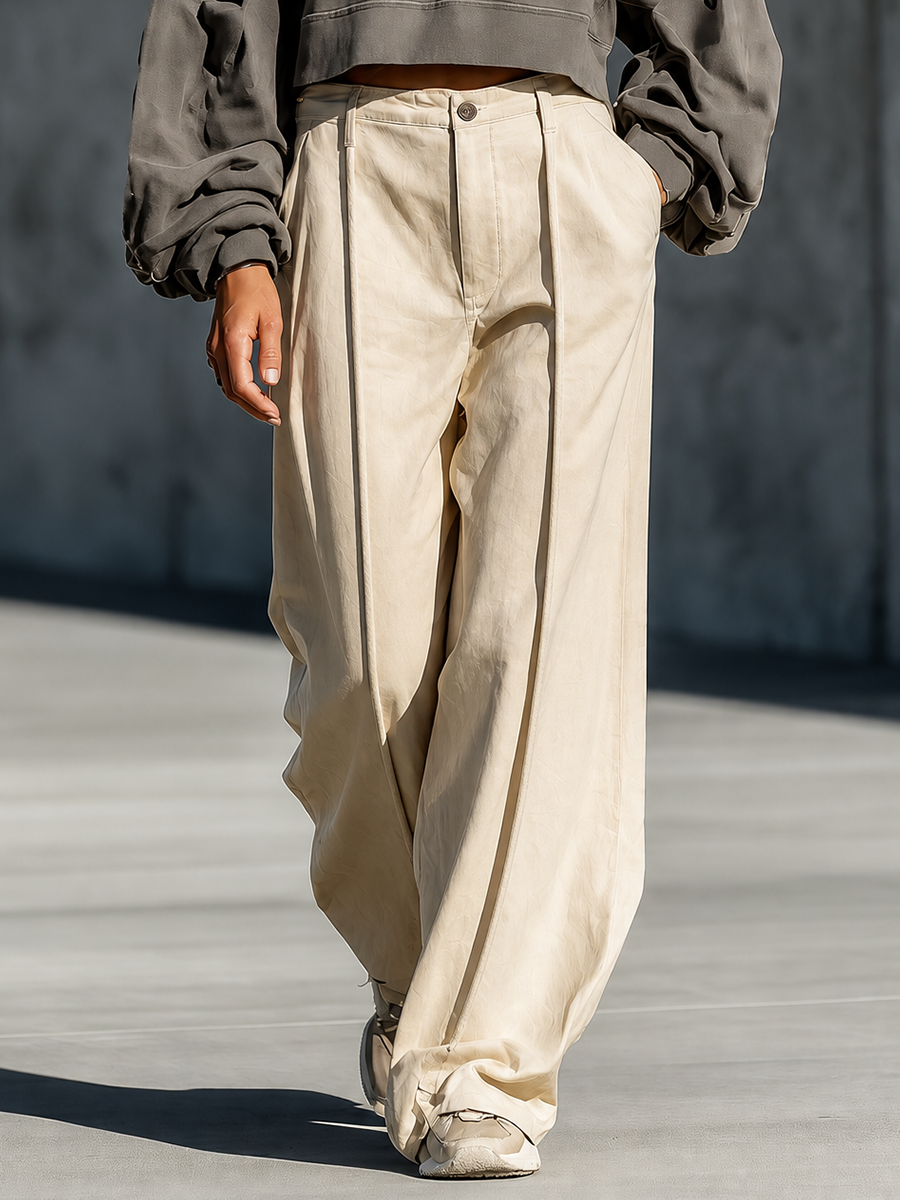 Vintage Gris Crisscross Encaje Up Cropped Hoodie Oversize Manga larga Top Crema Front Seam Pierna ancha Trouser Matching Conjunto