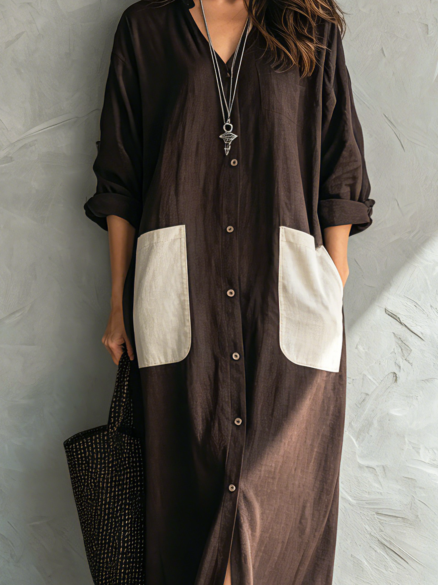 Casual Marrón Cotton-Linen Escote en V Manga larga Chalecoido camisero