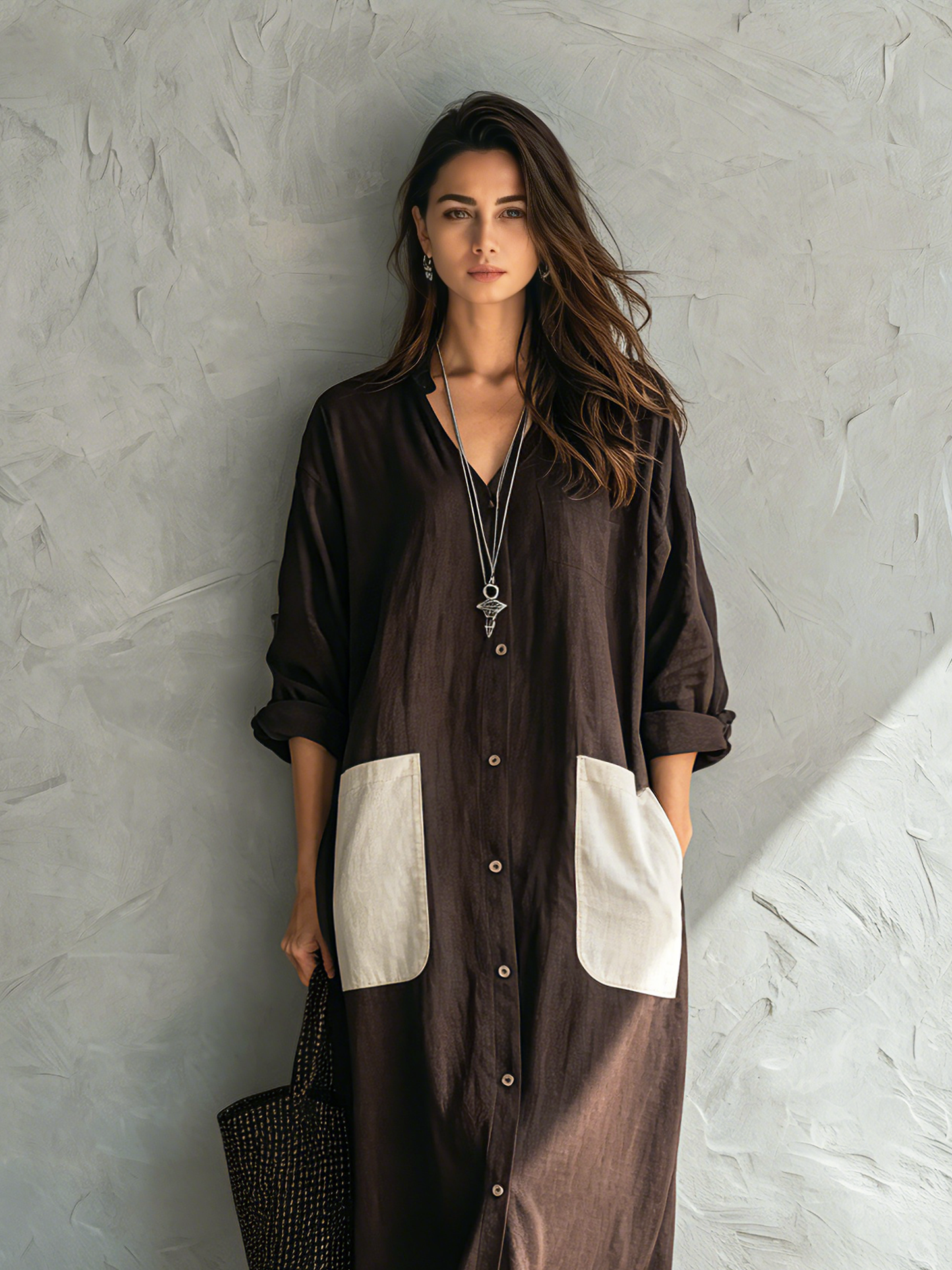 Casual Marrón Cotton-Linen Escote en V Manga larga Chalecoido camisero