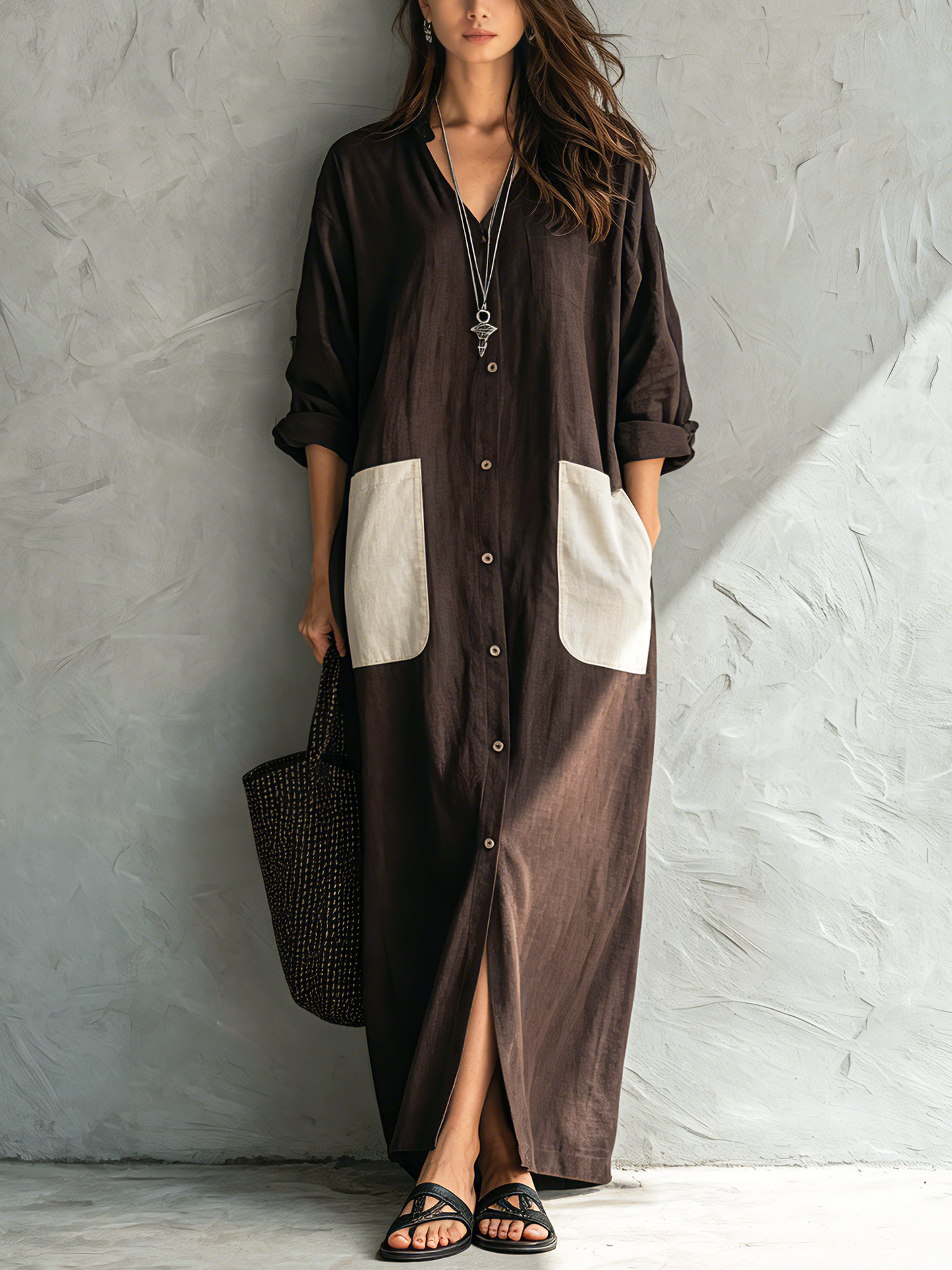 Casual Marrón Cotton-Linen Escote en V Manga larga Chalecoido camisero