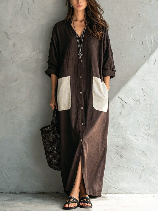 Vestido camisero marrón con escote en V