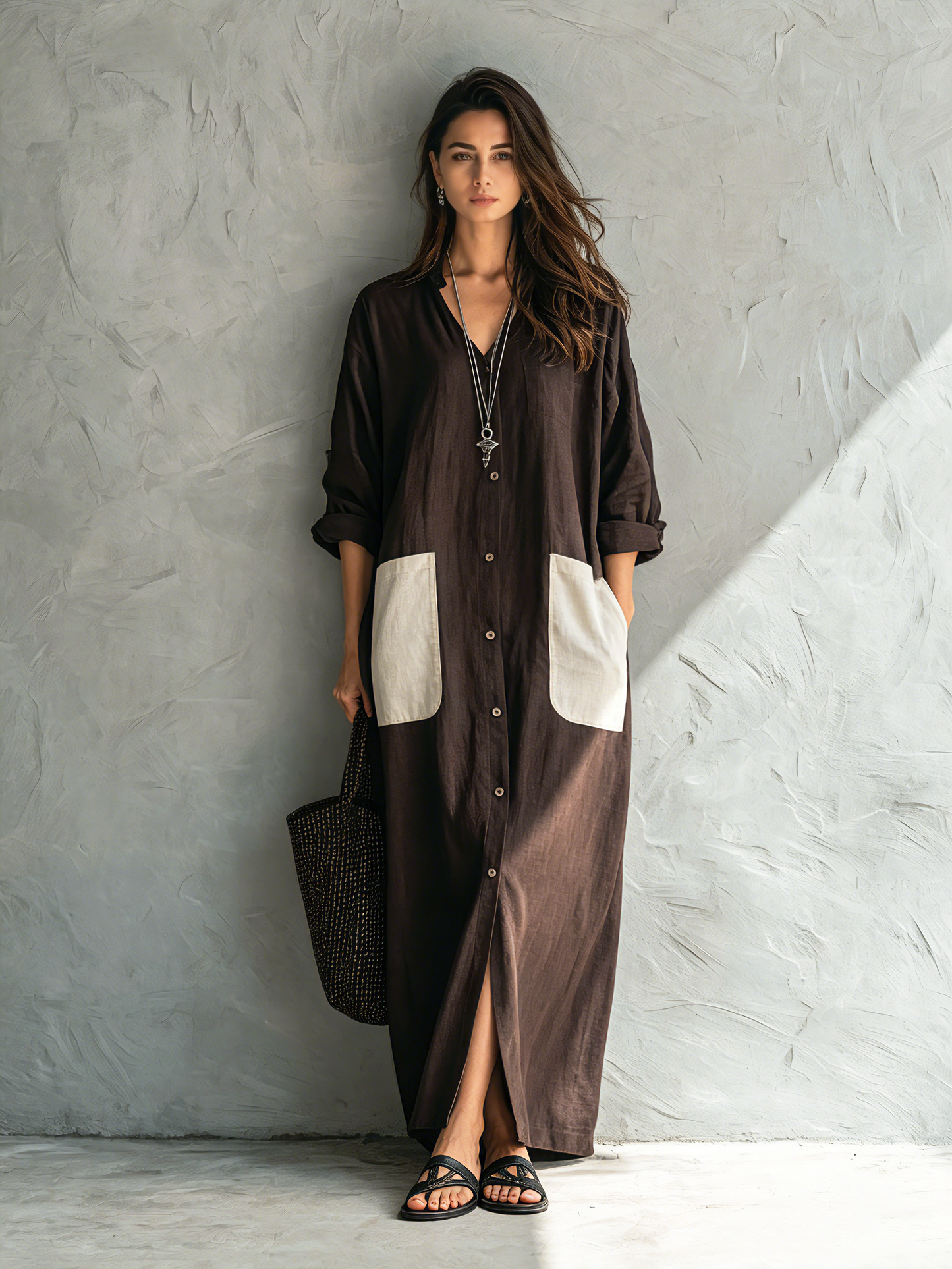 Casual Marrón Cotton-Linen Escote en V Manga larga Chalecoido camisero