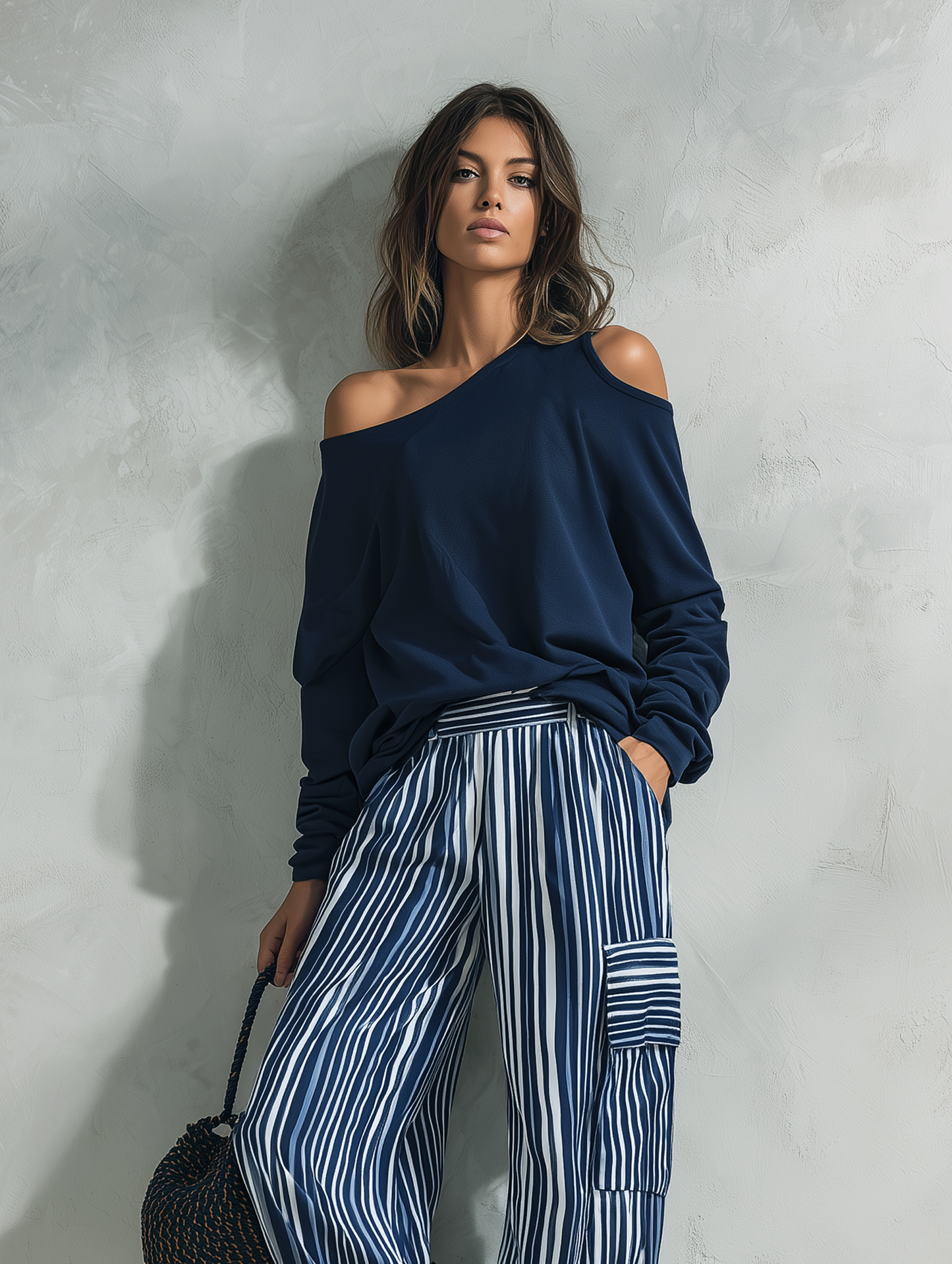 Casual Manga larga Top In Azul marino Sudadera Fabric, Paired With Azul-and-white Striped Woven Pantalón