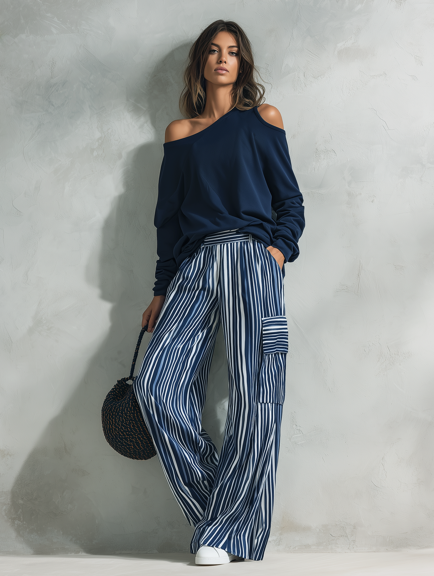 Casual Manga larga Top In Azul marino Sudadera Fabric, Paired With Azul-and-white Striped Woven Pantalón